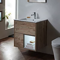 Milano Bexley Light Oak 610mm Wall Hung Open Shelf Vanity Unit with White Basin and LED Light