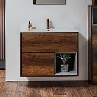Milano Bexley Dark Oak 810mm Wall Hung Open Shelf Vanity Unit with White Basin