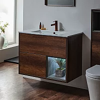 Milano Bexley Dark Oak 810mm Wall Hung Open Shelf Vanity Unit with White Basin and LED Light