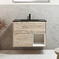 Milano Bexley 812mm Wall Hung Light Oak Open Shelf Vanity Unit with Graphite Basin and LED Light