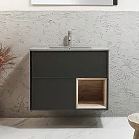 Milano Bexley 812mm Wall Hung Black Grey Open Shelf Vanity Unit with Pebble Basin and LED Light