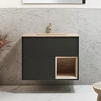 Milano Bexley 812mm Wall Hung Black Grey Open Shelf Vanity Unit with Sand Basin and LED Light