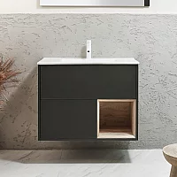 Milano Bexley 812mm Wall Hung Black Grey Open Shelf Vanity Unit with Chalk Basin and LED Light