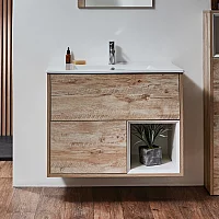 Milano Bexley Light Oak 810mm Wall Hung Open Shelf Vanity Unit with White Basin