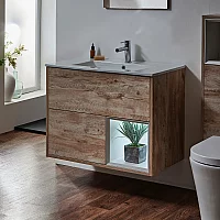 Milano Bexley Light Oak 810mm Wall Hung Open Shelf Vanity Unit with White Basin and LED Light