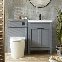 Milano Aston Light Grey 600mm Traditional Vanity Unit with Basin and Modern Finger Pull Black Handles and WC Unit with Rivington Back to Wall Toilet