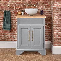 Milano Thornton Light Grey 645mm Traditional Vanity Unit with Round Countertop Basin and Classic TBar Aged Gold Handles