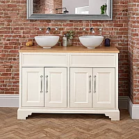 Milano Thornton Antique White 1210mm Traditional Vanity Unit with Round Countertop Basins and Classic TBar Black Handles