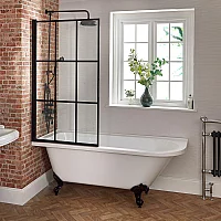 Milano Legend White Traditional Freestanding Left Hand Corner Shower Bath with Black Grid Screen 1685mm x 750mm Black Feet