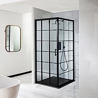 Milano Barq Black Grid Corner Triple Sliding Door Shower Enclosure with Anthracite Slate Tray 900mm x 900mm
