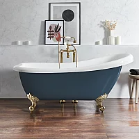 Milano Legend Regal Blue Traditional Freestanding Slipper Bath 1710mm x 740mm Brushed Brass Feet