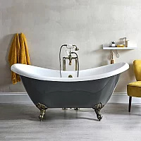 Milano Hest Stone Grey Traditional DoubleEnded Freestanding Slipper Bath with Brushed Gold Feet 1750mm x 730mm No TapHoles
