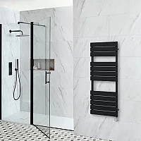 Milano x ECOSO Lustro Electric Designer Black Flat Panel Heated Towel Rail 1200mm x 450mm with Thermostatic WiFi Heating Element no Cable Cover