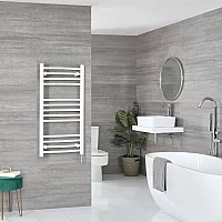 Milano Ive Electric 1000mm x 500mm White Curved Heated Towel Rail With Element and Cable Cover