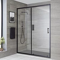 Milano Nero 1400mm Sliding Shower Door with 1400mm x 800mm Light Grey Slate Tray