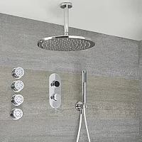 Milano Vis Chrome Thermostatic Digital Shower with Round Shower Head Hand Shower and Body Jets 3 Outlet