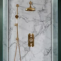 Milano Elizabeth Brushed Brass Traditional Thermostatic Shower with Riser Rail and Shower Head 2 Outlet