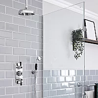 Milano Elizabeth Chrome and Black Thermostatic Shower Bath System with 200mm Shower Head with Ceiling Arm and Hand Shower 2 Outlet
