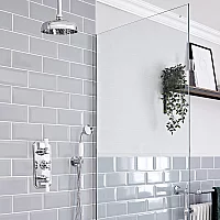 Milano Elizabeth Chrome and White Thermostatic Shower Bath System with 200mm Shower Head with Ceiling Arm and Hand Shower 2 Outlet