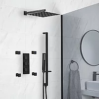 Milano Preto Black Thermostatic Shower with Diverter Shower Head Riser Rail with Hand Shower and Body Jets 3 Outlet