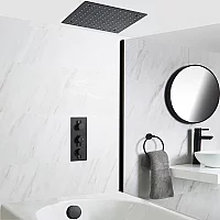 Milano Nero Black Thermostatic Shower Bath System with 400mm Square Recessed Shower Head and Overflow Bath Filler 2 Outlet