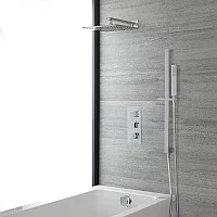 Milano Arvo Chrome Thermostatic Shower Bath System with 200mm Square Shower Head Overflow Bath Filler and Riser Rail with Hand Shower 3 Outlet