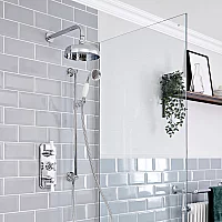 Milano Elizabeth Chrome and White Thermostatic Shower Bath System with 200mm Shower Head with Wall Arm and Riser Rail with Hand Shower 2 Outlet