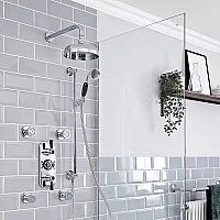 Milano Elizabeth Chrome and Black Thermostatic Shower System with 300mm Shower Head with Wall Arm Body Jets and Riser Rail with Hand Shower 3 Outlet