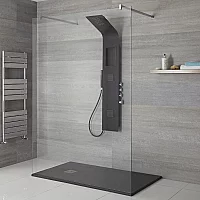 Milano Orton Modern Exposed Shower Tower Panel with Shelf Large Shower Head Hand Shower and Body Jets Black