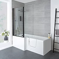 Milano Merso 1700mm x 850mm Right Hand Easy Access WalkIn LShaped Shower Bath with Black Bath Screen