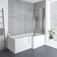 Milano Merso 1700mm x 850mm Left Hand Easy Access WalkIn LShaped Shower Bath with Antique Brass Bath Screen