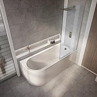 Milano Overton 1700mm x 725mm Right Hand Modern JShaped Corner Shower Bath with Brushed Copper Bath Screen