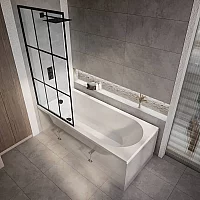 Milano Ballam 1600mm x 700mm Modern Single Ended Shower Bath with Black Grid Bath Screen