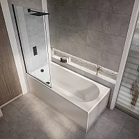 Milano Ballam 1700mm x 750mm Modern Single Ended Shower Bath with Black Bath Screen and Side Panel