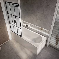 Milano Ballam 1700mm x 750mm Modern Single Ended Shower Bath with Black Grid Bath Screen Side and End Panel