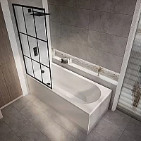 Milano Ballam 1800mm x 800mm Modern Single Ended Shower Bath with Black Grid Bath Screen and Side Panel