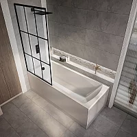 Milano Elswick 1400mm x 700mm Modern Single Ended Shower Bath with Black Grid Bath Screen and Side Panel