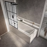 Milano Elswick 1400mm x 700mm Modern Single Ended Shower Bath with Black Grid Bath Screen Side and End Panel