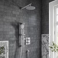 Villeroy and Boch Universal Thermostatic Shower System with 200mm Round Shower Head and Riser Rail with Hand Shower 2 Outlet Chrome