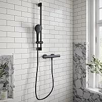 Villeroy and Boch Universal Round Thermostatic Bar Shower Valve with Riser Rail and Hand Shower 1 Outlet Matt Black