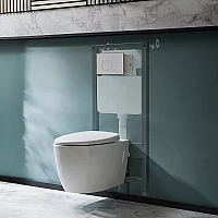 Milano Altham White Modern Rimless Wall Hung Toilet with Tall Wall Frame Round White Flush Plate