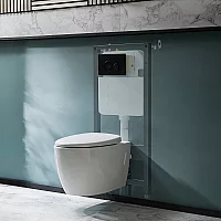 Milano Altham White Modern Rimless Wall Hung Toilet with Tall Wall Frame Round Black Flush Plate