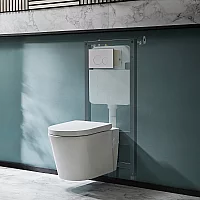 Milano Ballam White Modern Rimless Wall Hung Toilet with Tall Wall Frame Round White Flush Plate