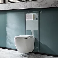 Milano Irwell White Modern Rimless Wall Hung Toilet with Tall Wall Frame Round White Flush Plate