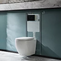 Milano Irwell White Modern Rimless Wall Hung Toilet with Tall Wall Frame Round Black Flush Plate
