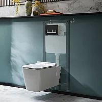 Milano Elswick White Modern Wall Hung Toilet with Tall Wall Frame Rectangular Black Flush Plate