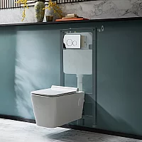 Milano Elswick White Modern Wall Hung Toilet with Tall Wall Frame Round Chrome Flush Plate