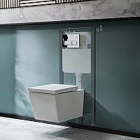 Milano Dalton White Modern Wall Hung Toilet with Tall Wall Frame Rectangular Chrome Flush Plate