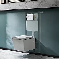 Milano Dalton White Modern Wall Hung Toilet with Tall Wall Frame Round Chrome Flush Plate