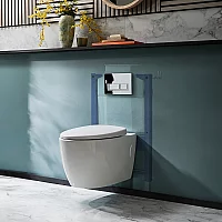 Milano Altham White Modern Rimless Wall Hung Toilet with Short Wall Frame Choice of Flush Plate